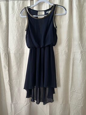 Chiffon High-Low Party Dress with Chain Trim - Navy Open Back